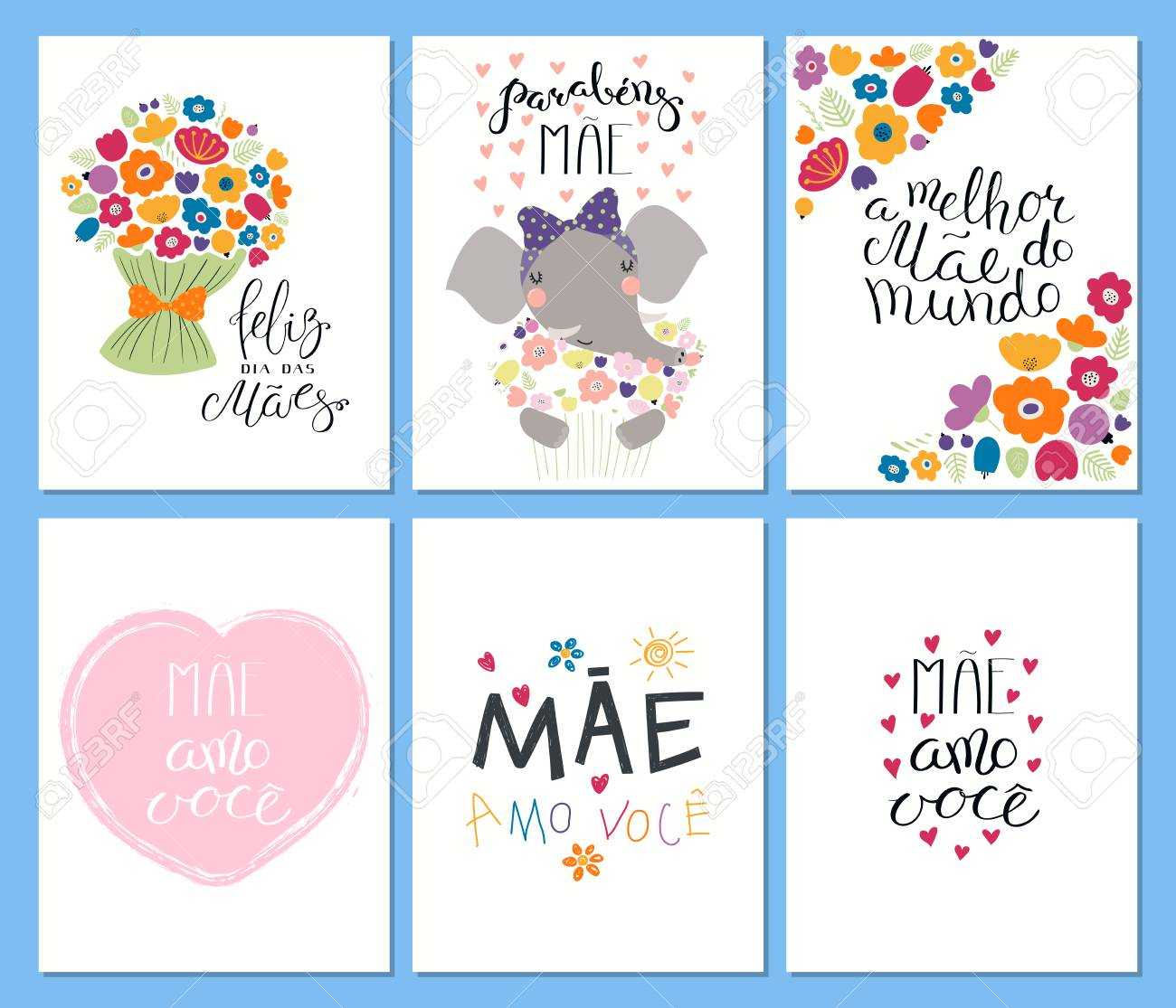Set Of Mother's Day Cards Templates With Quotes In Portuguese Inside Mothers Day Card Templates