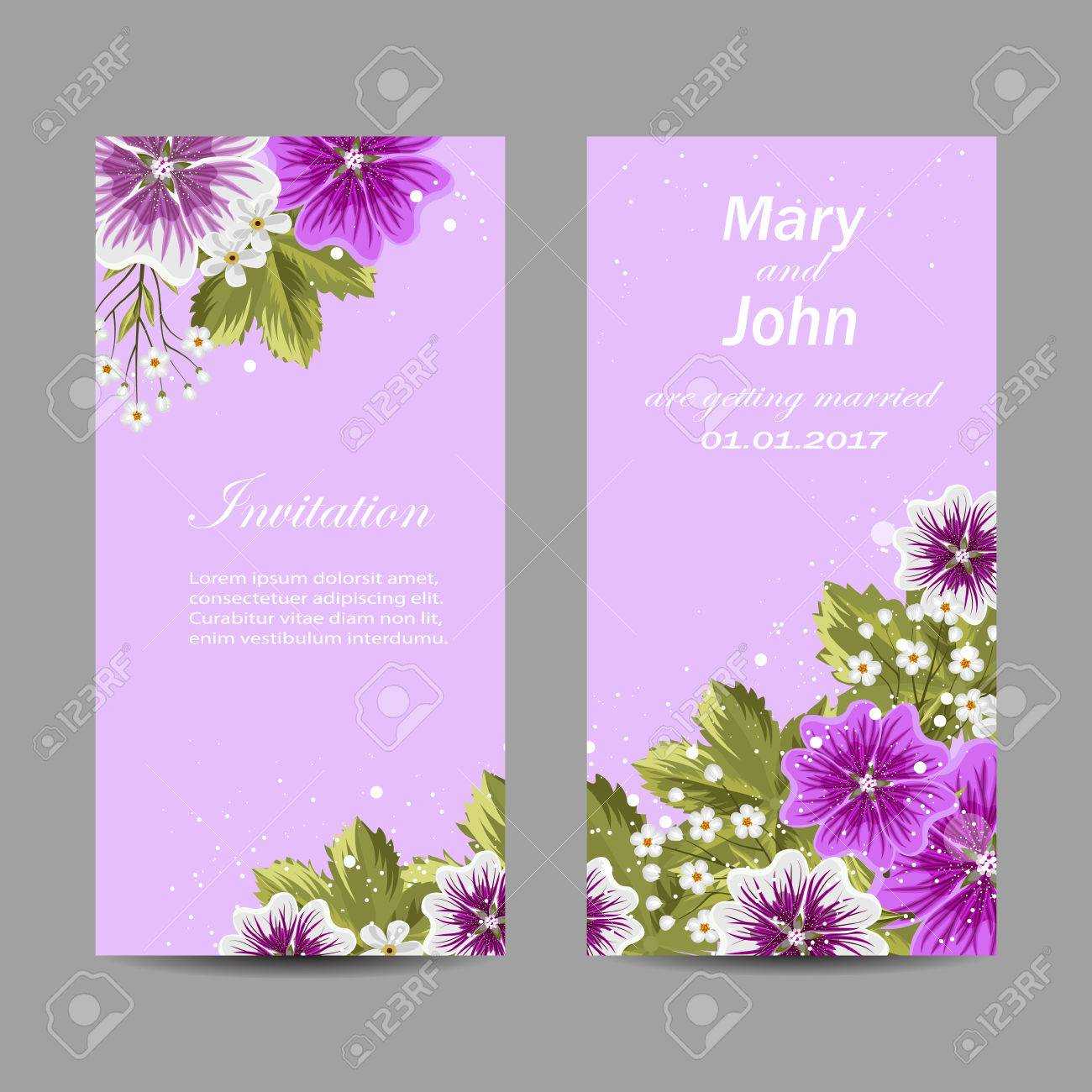Set Of Wedding Invitation Cards Design. Beautiful Mallow Flowers.. For Invitation Cards Templates For Marriage