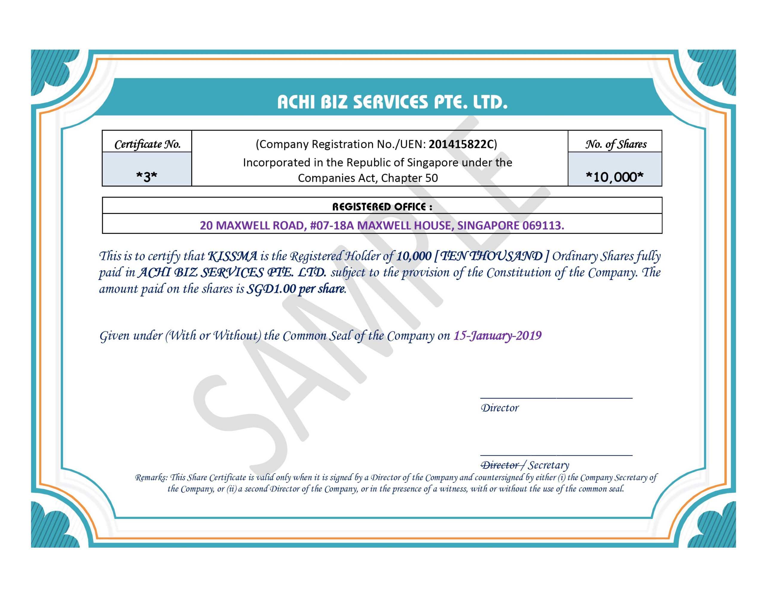 Share Certificate In Singapore ~ Achibiz With Template For Share Certificate