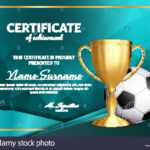 Soccer Certificate Diploma With Golden Cup Vector. Football For Soccer Award Certificate Template