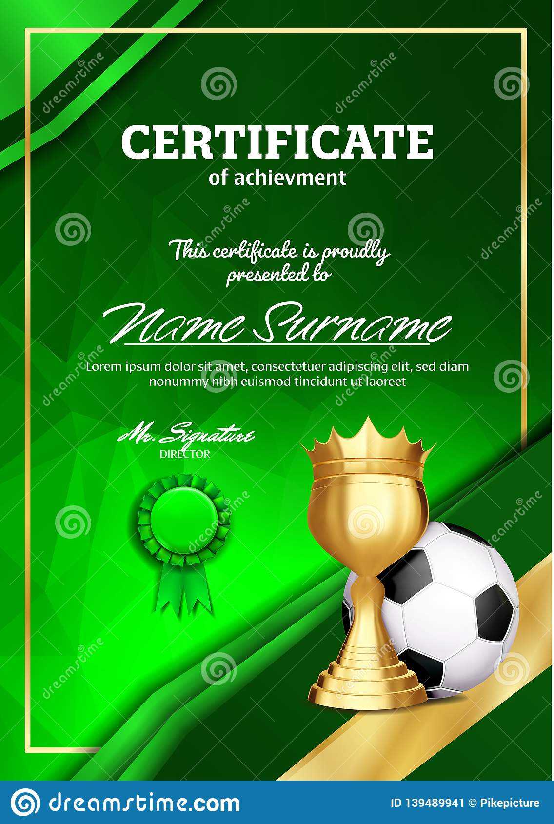 Soccer Certificate Diploma With Golden Cup Vector. Football In Soccer Certificate Template