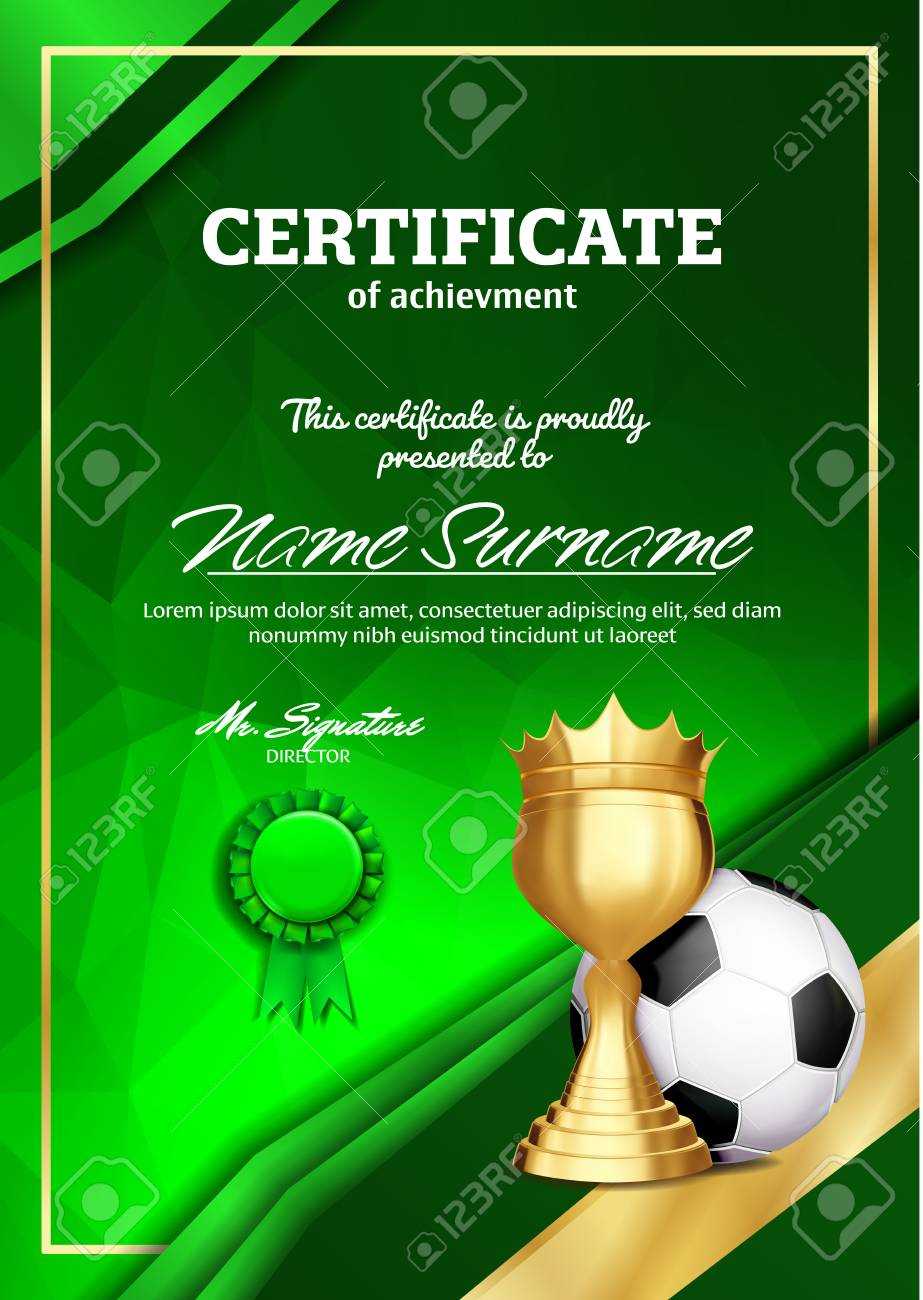 Soccer Certificate Diploma With Golden Cup Vector. Football With Soccer Award Certificate Template