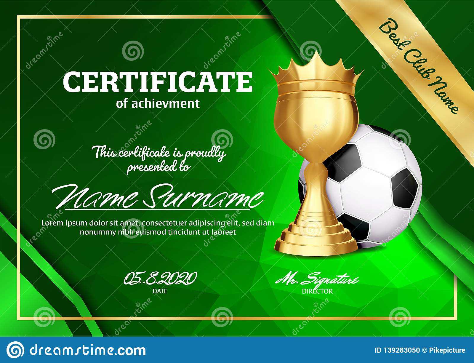 Soccer Certificate Diploma With Golden Cup Vector. Sport With Regard To Soccer Award Certificate Template