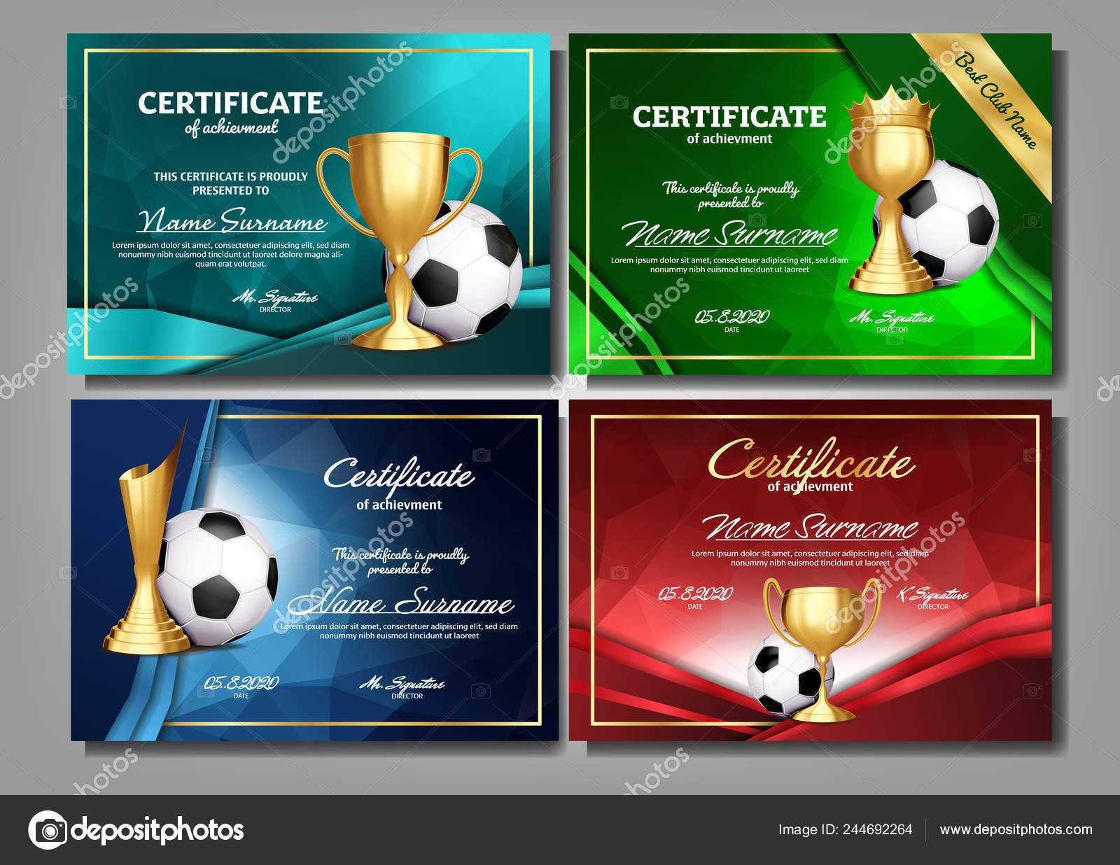 Soccer Game Certificate Diploma With Golden Cup Set Vector With Regard To Soccer Award Certificate Template