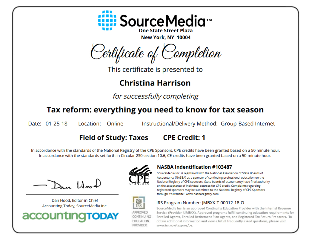 Sourcemedia – Accounting Today – Irs Cpe Certificate Inside Continuing Education Certificate Template