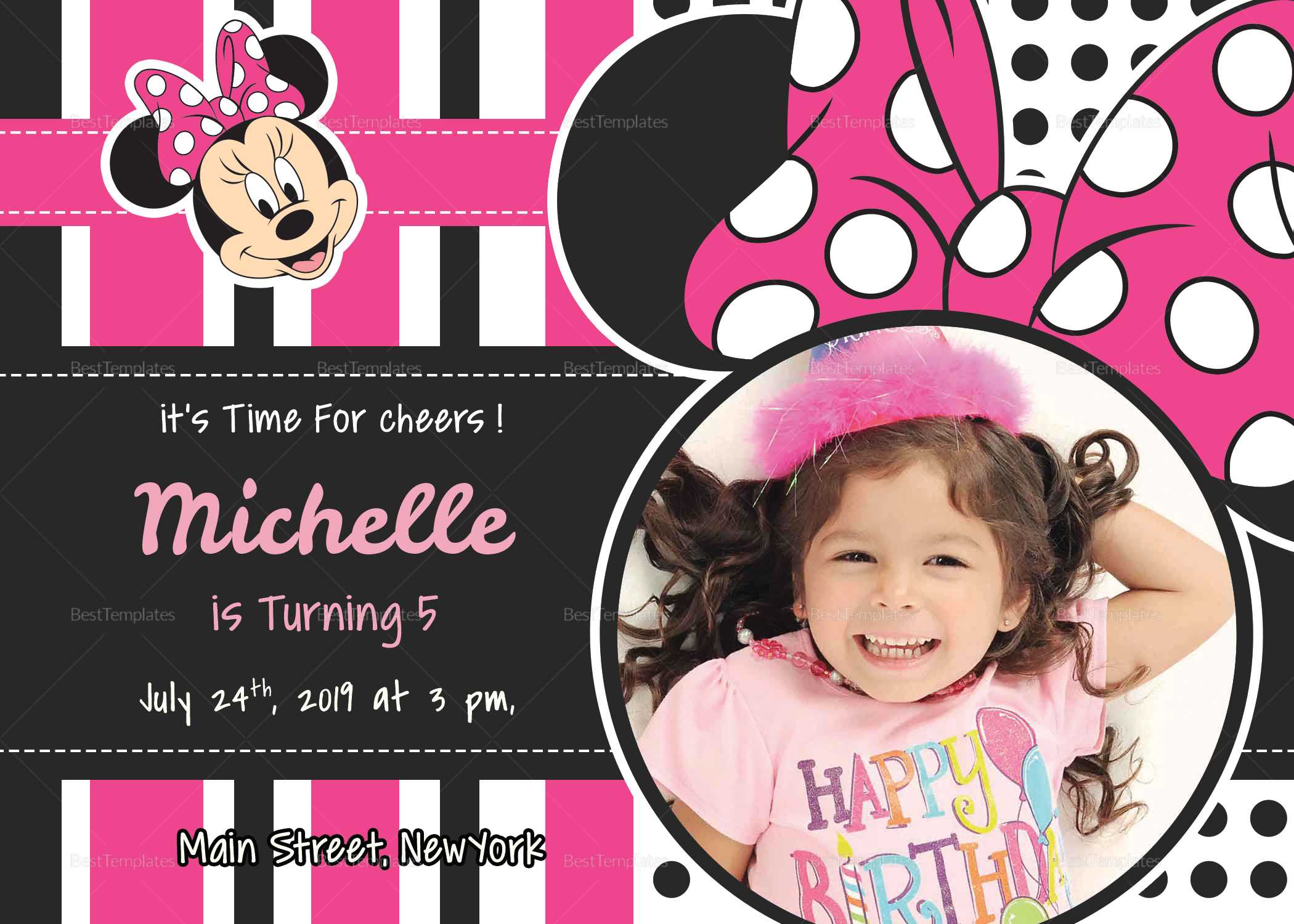 Sparkling Minnie Mouse Birthday Invitation Card Template With Regard To Minnie Mouse Card Templates