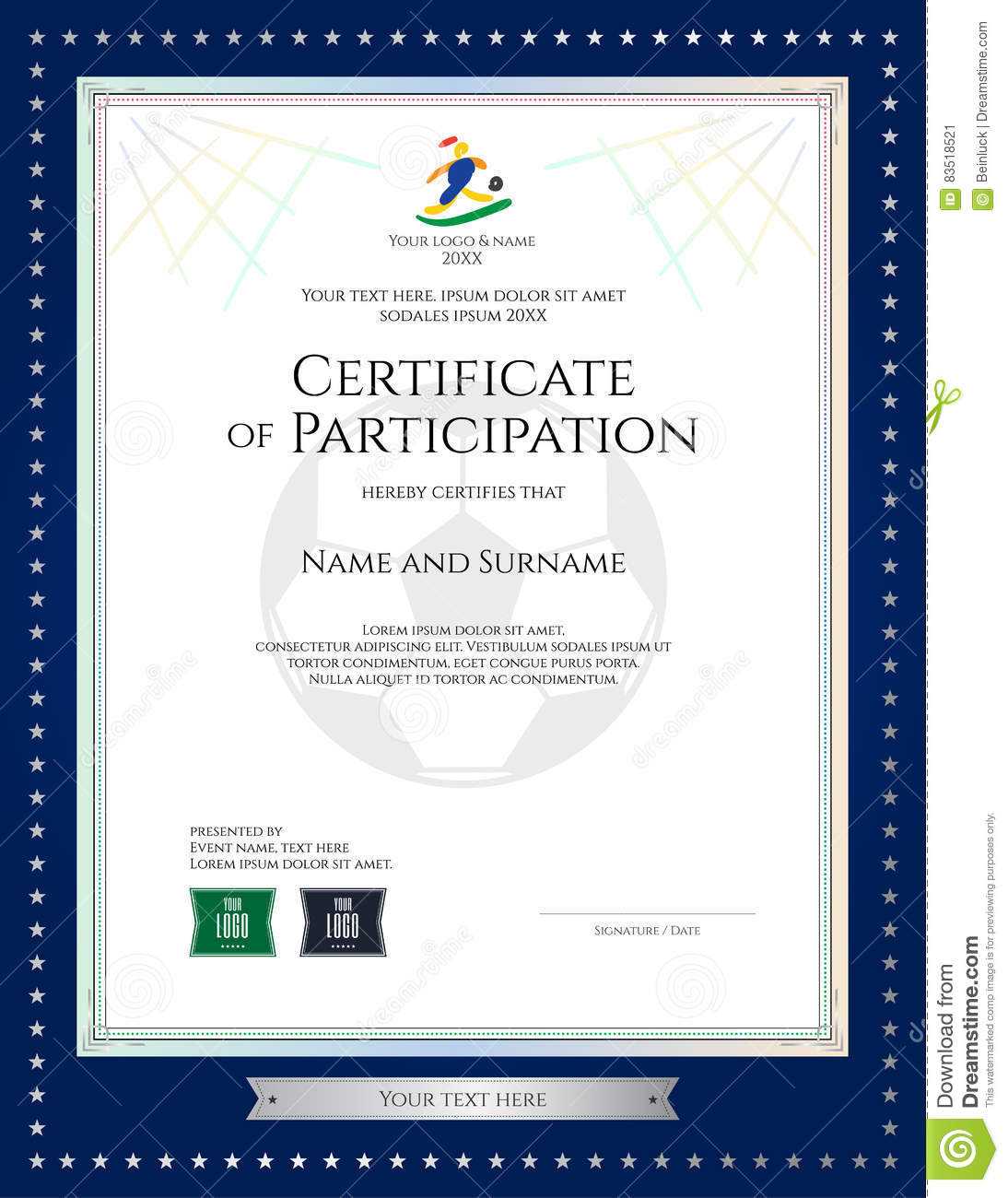 Sport Theme Certificate Of Participation Template Stock With Football Certificate Template