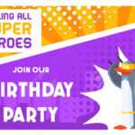 Superhero Birthday Party Banner Template, Cute Funny Penguin.. With Superhero Birthday Card Template