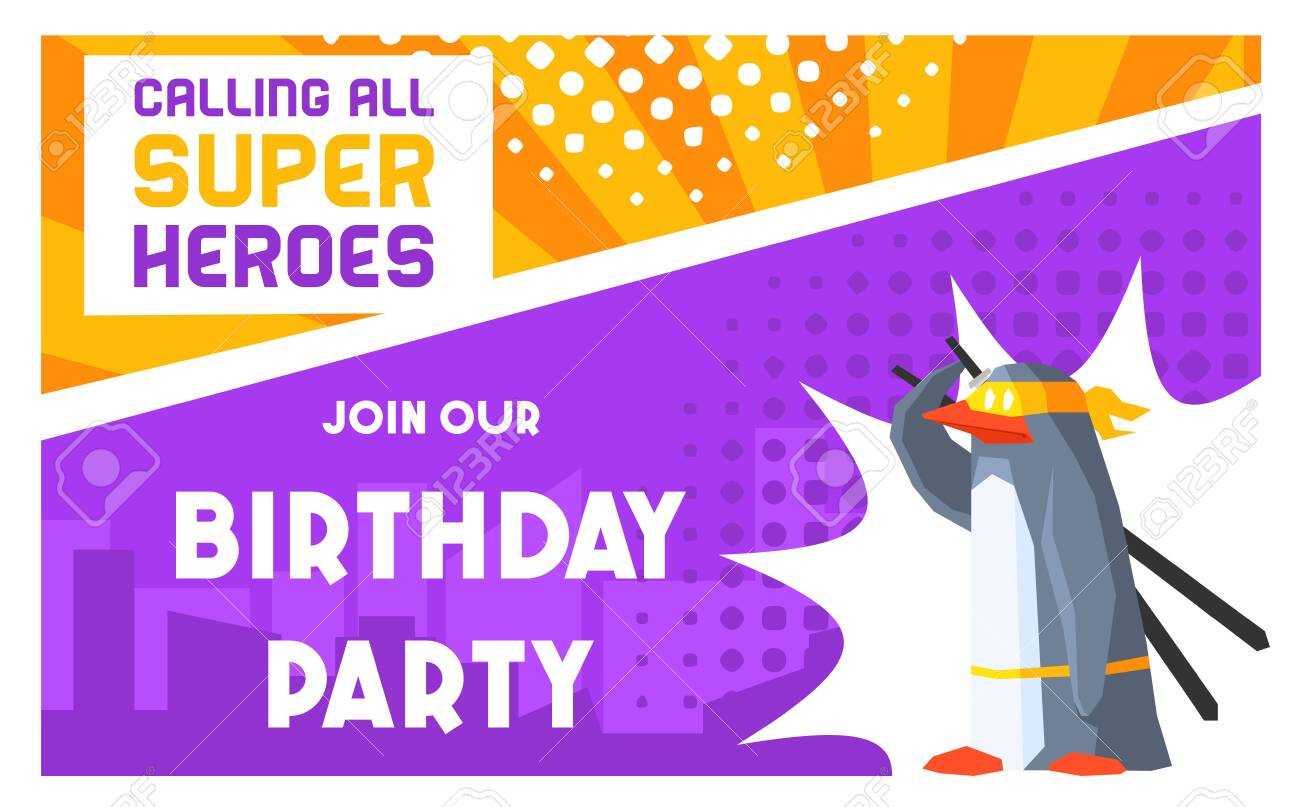 Superhero Birthday Party Banner Template, Cute Funny Penguin.. With Superhero Birthday Card Template