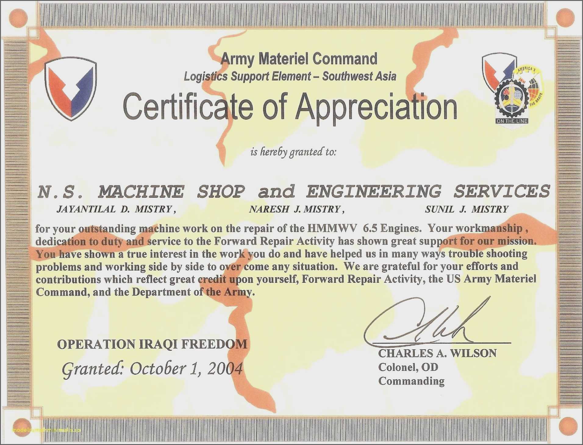 Template For Army Certificate Of Appreciation Templates Regarding Army Certificate Of Appreciation Template