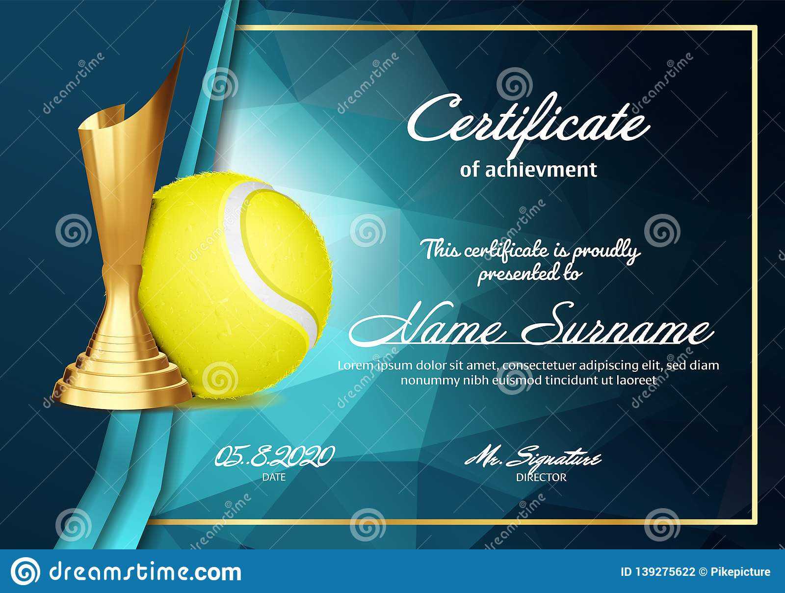 Tennis Certificate Diploma With Golden Cup Vector. Sport Inside Tennis Gift Certificate Template