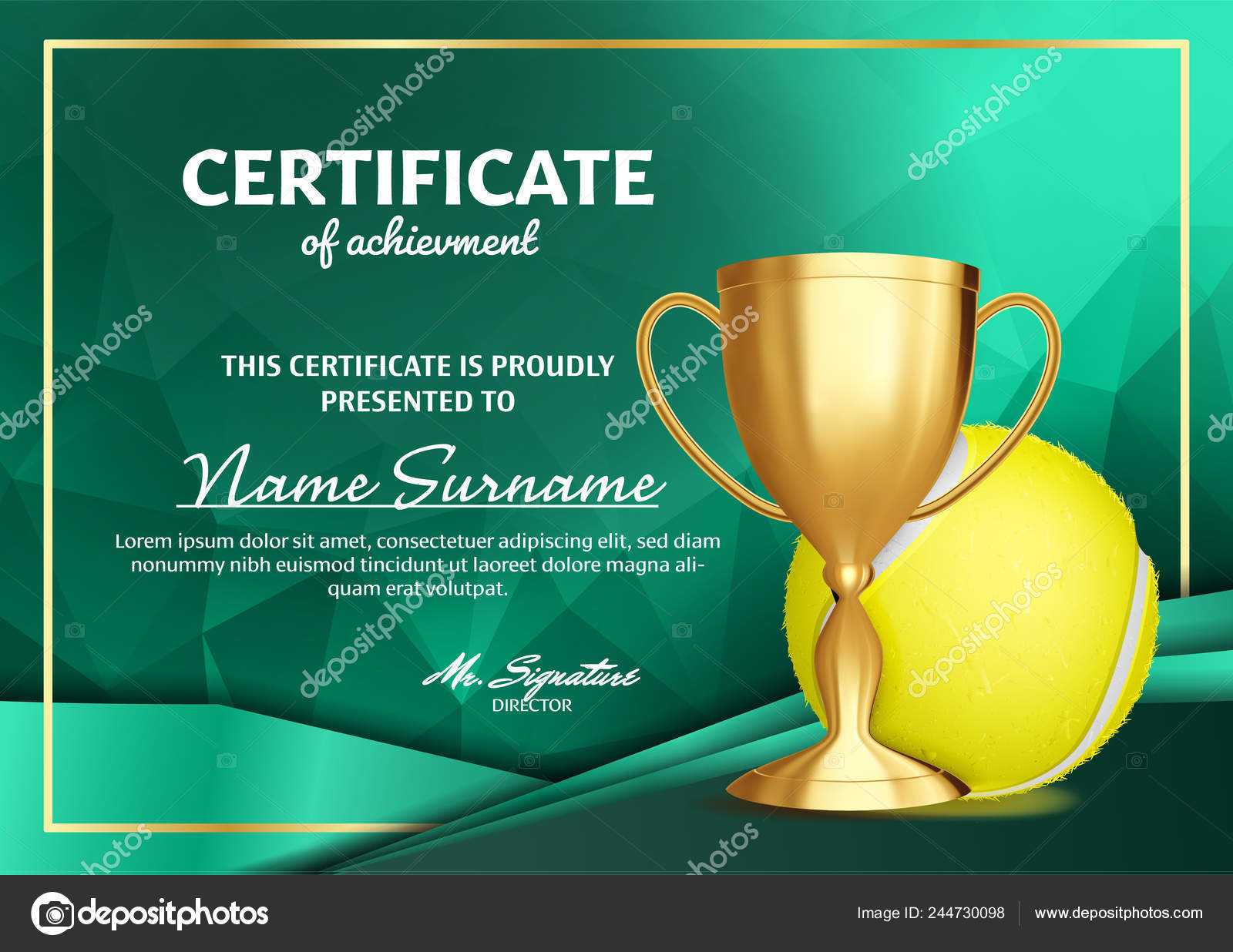 Tennis Certificate Diploma With Golden Cup Vector. Sport Throughout Tennis Certificate Template Free