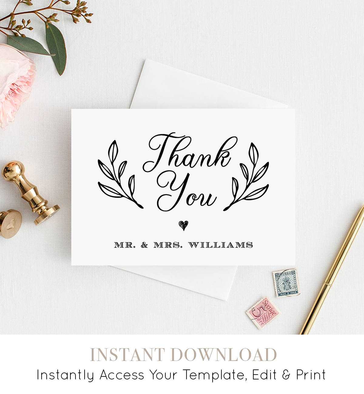 Thank You Card Template, Printable Rustic Wedding Thank Regarding Thank You Note Cards Template