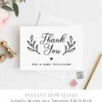 Thank You Card Template, Printable Rustic Wedding Thank With Thank You Note Card Template