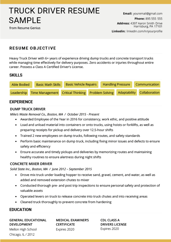 Truck Driver Resume Sample And Tips Resume Genius Regarding Safe 