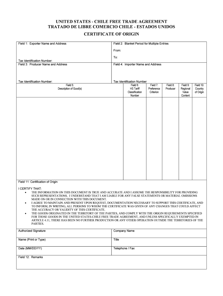United States Chile Trade Agreement Form – Fill Online With Regard To Certificate Of Origin Form Template