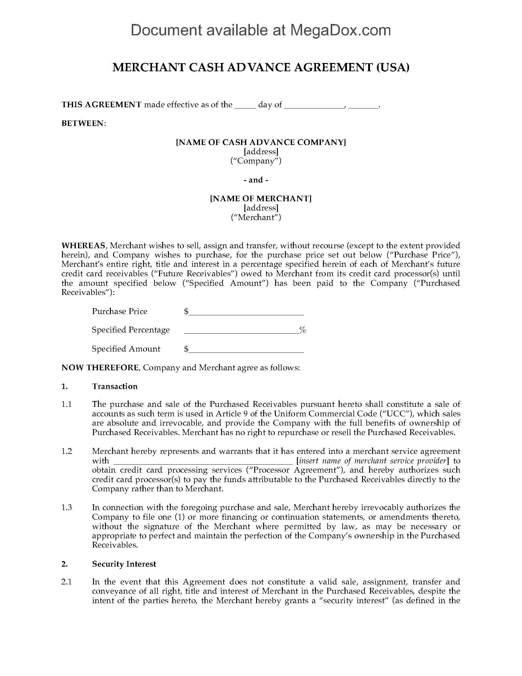 Usa Merchant Cash Advance Agreement Intended For Corporate Credit Card Agreement Template