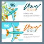Vector Gift Travel Voucher Template. Top View Hand Drawn Flying.. For Free Travel Gift Certificate Template
