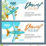 Vector Gift Travel Voucher. Top View Hand Drawn Flying For Free Travel Gift Certificate Template