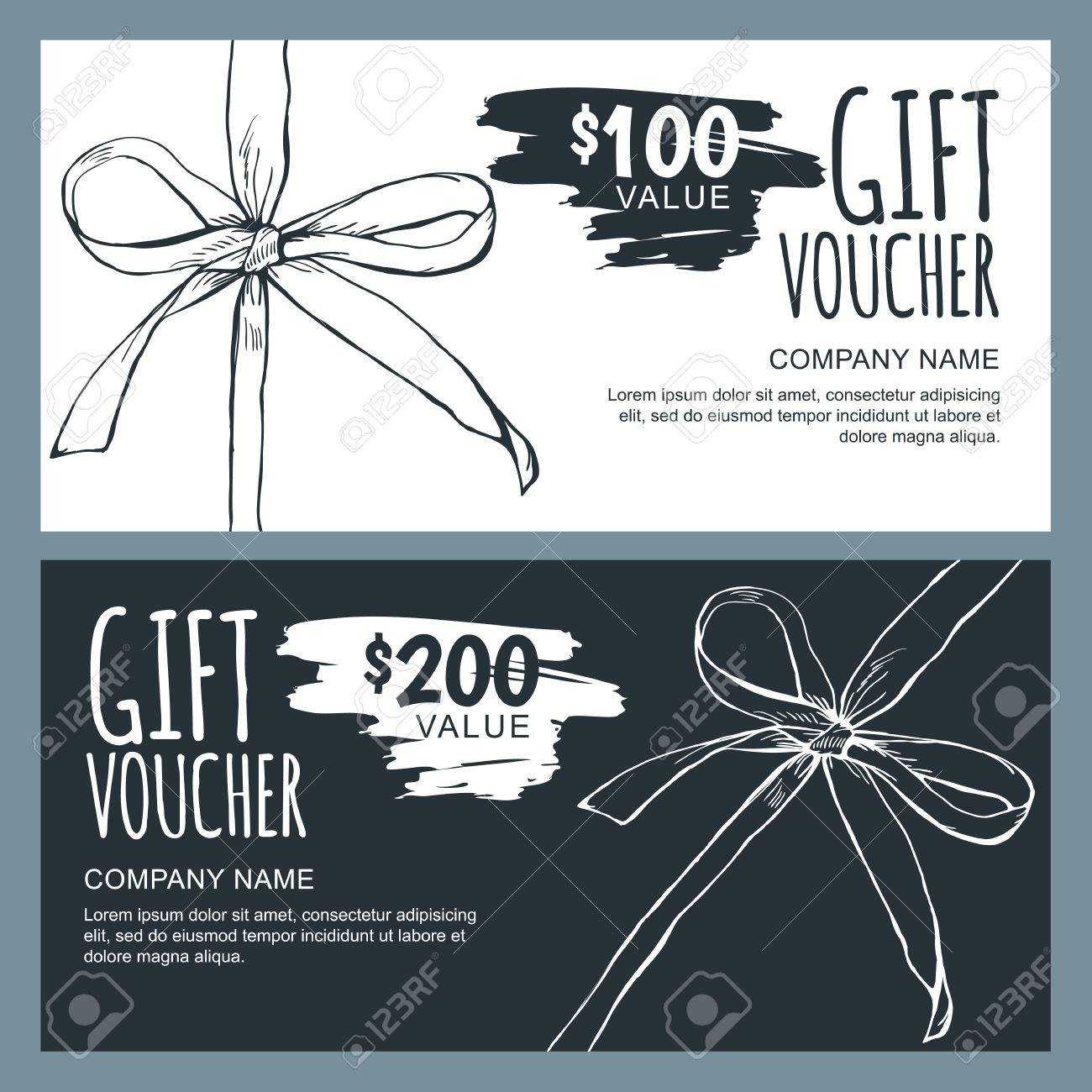 Vector Gift Voucher Template With Hand Drawn Outline Bow Ribbons With Regard To Black And White Gift Certificate Template Free