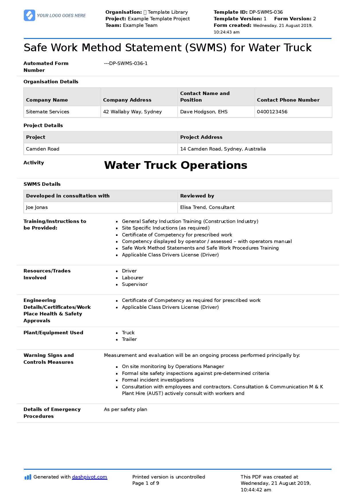 Water Truck Safe Work Method Statement (Free + Editable Swms) Pertaining To Safe Driving Certificate Template