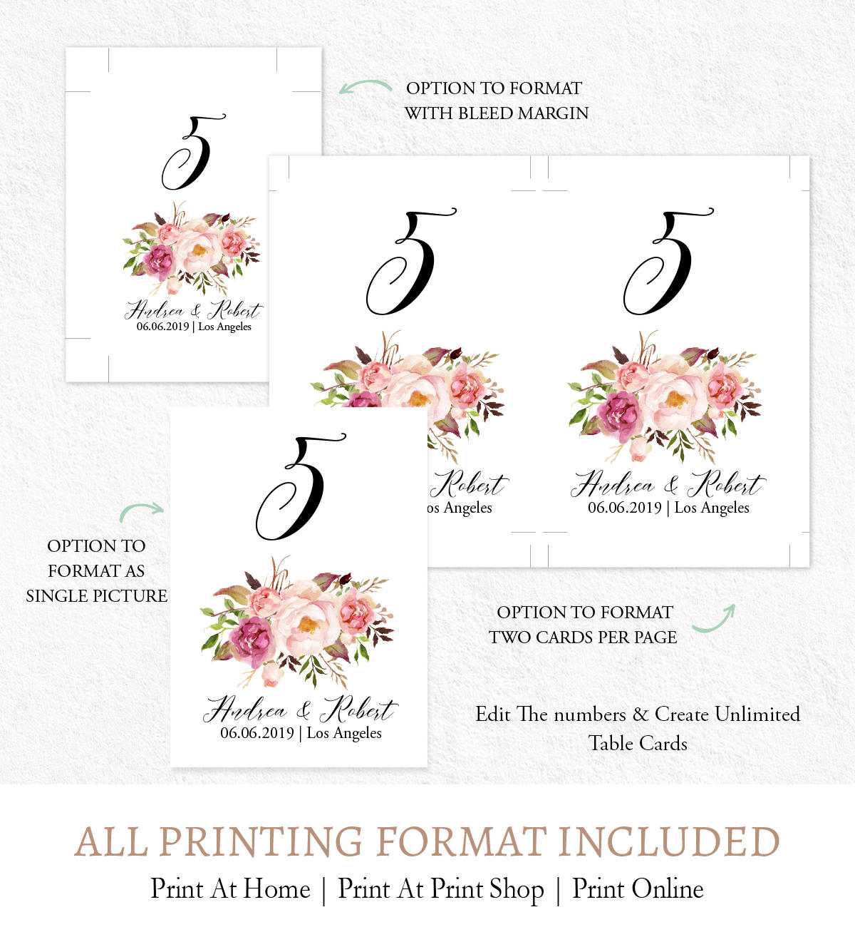 Watercolor Flowers Table Numbers Signage, Editable Numbers Card Template  Digital Printable F9 Pertaining To Table Number Cards Template