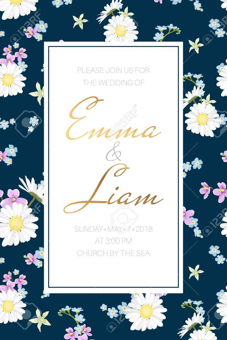 Wedding Marriage Event Invitation Card Template. Chamomile, Forget Me Not,.. Inside Event Invitation Card Template