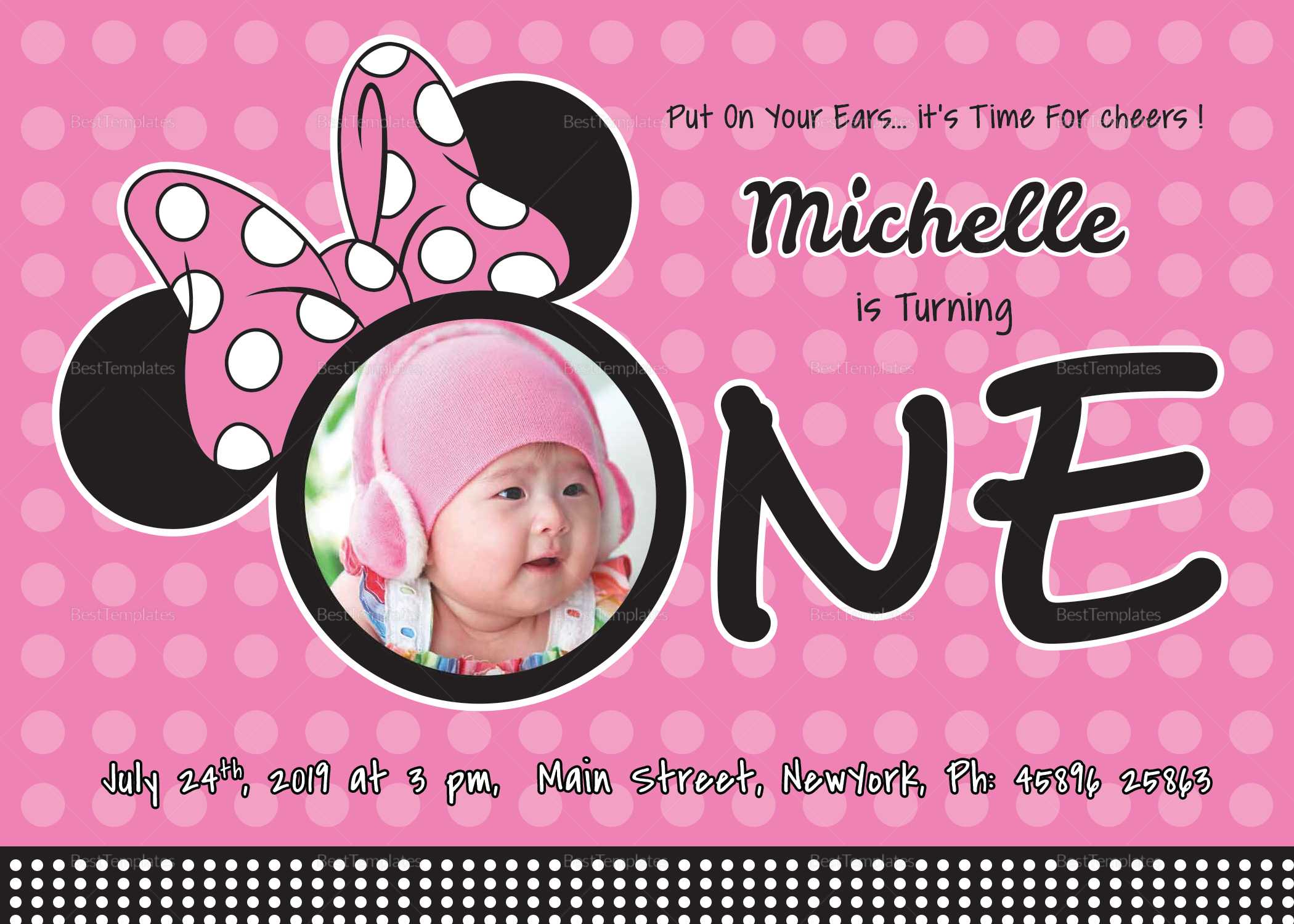 Wonderful Minnie Mouse Birthday Invitation Card Template For Minnie Mouse Card Templates