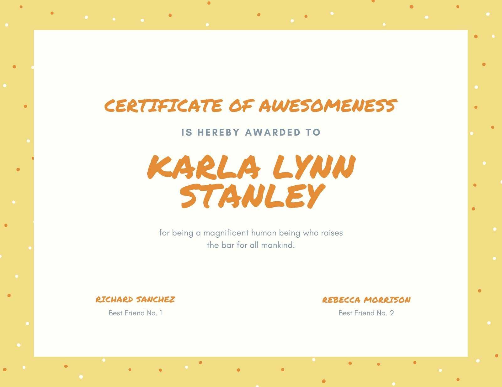 Yellow, Orange And Cream Dots Funny Certificate – Templates In Funny Certificate Templates